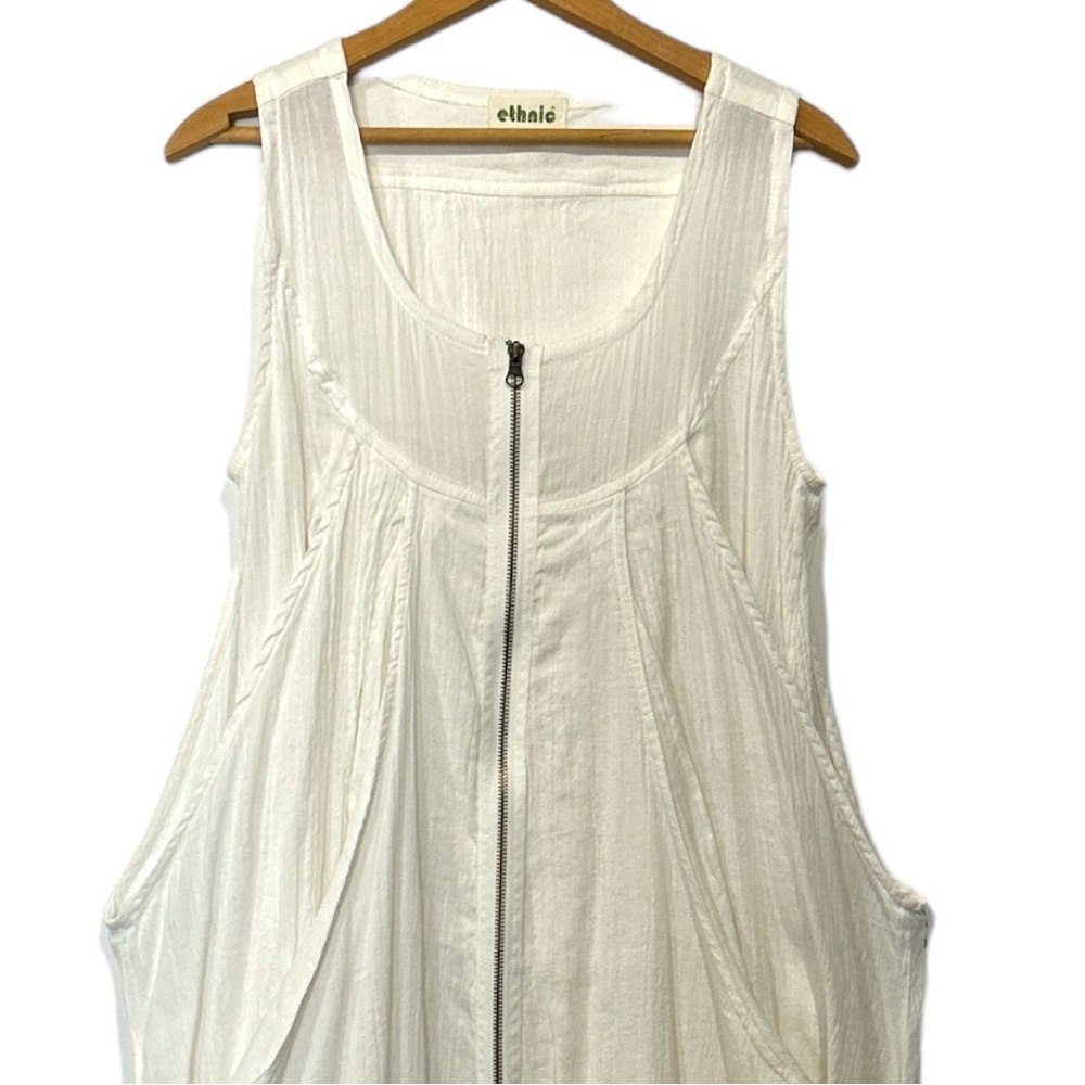 Ethnic Lagenlook White Gauze Linen Full Zip Sleeveless Midi Dress with Pockets M - Picture 2 of 11